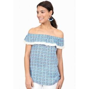 Roberta Roller Rabbit Lucia XS Blue Geometric Off Shoulder Ruffle Fringe‎ Top